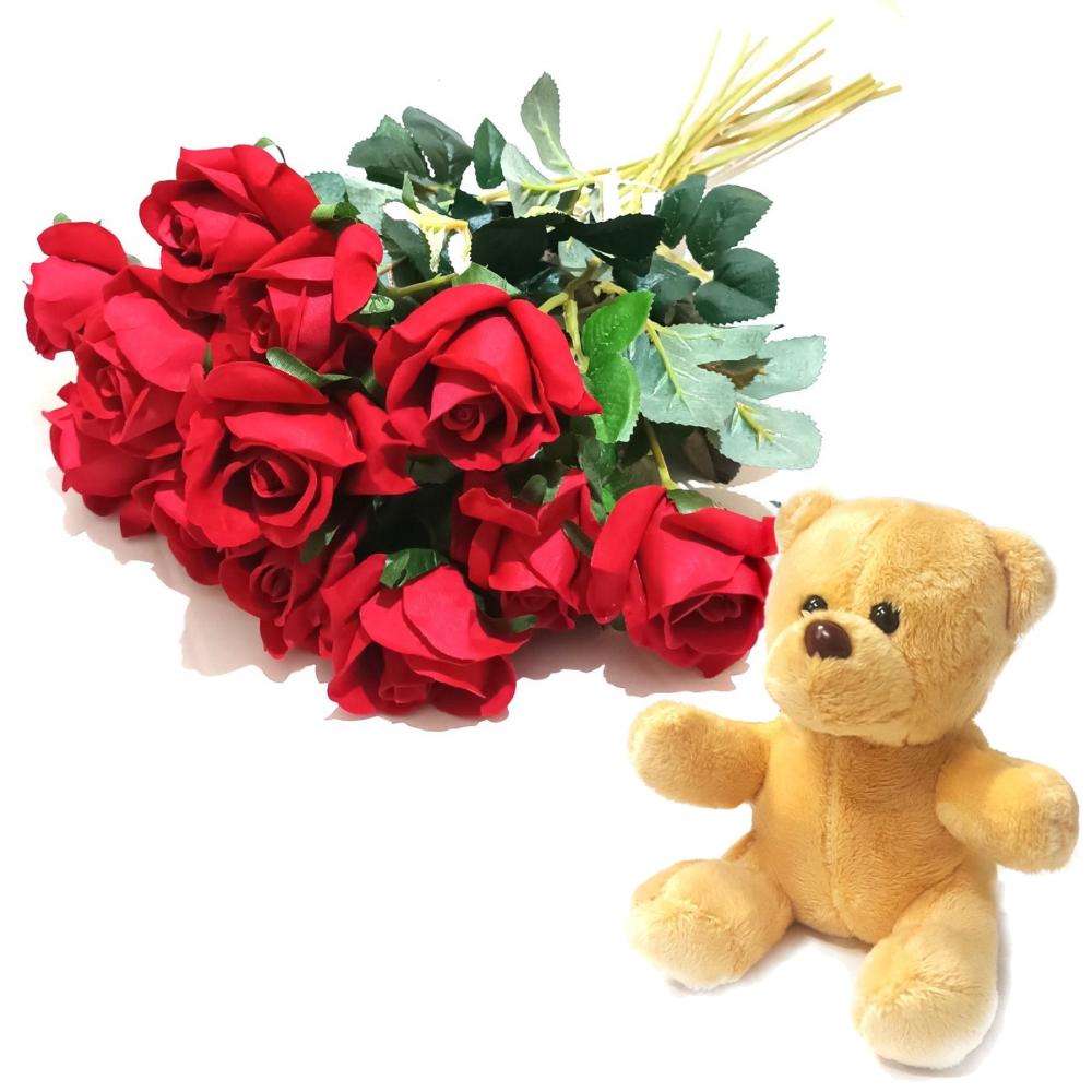 Arrangements | 12 Artificial Red Rose Flower Stems With a Teddy Bear Arrangements Arrangements