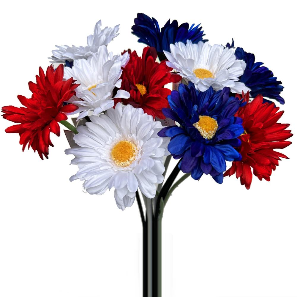 Arrangements | 15 Artificial Gerbera Flower Stems Red White and Blue – Kings Coronation Arrangements Arrangements