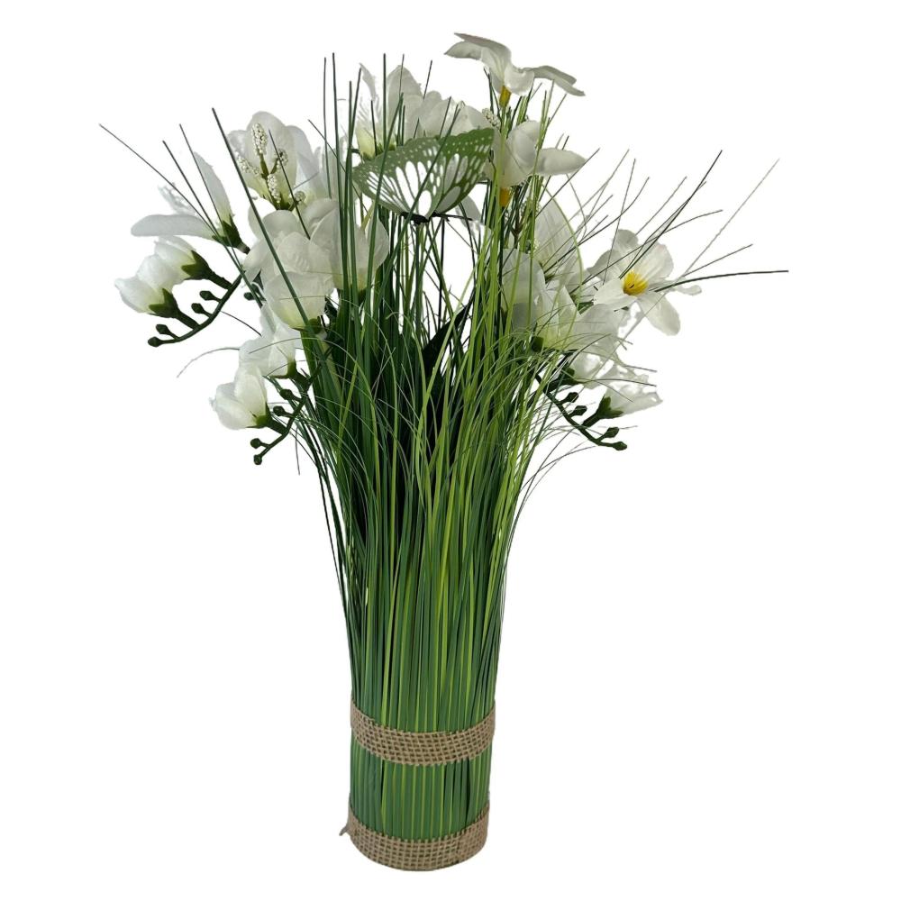 Arrangements | Artificial Grass, White Freesia and Wild Flower Arrangement with Butterflies Arrangements Arrangements