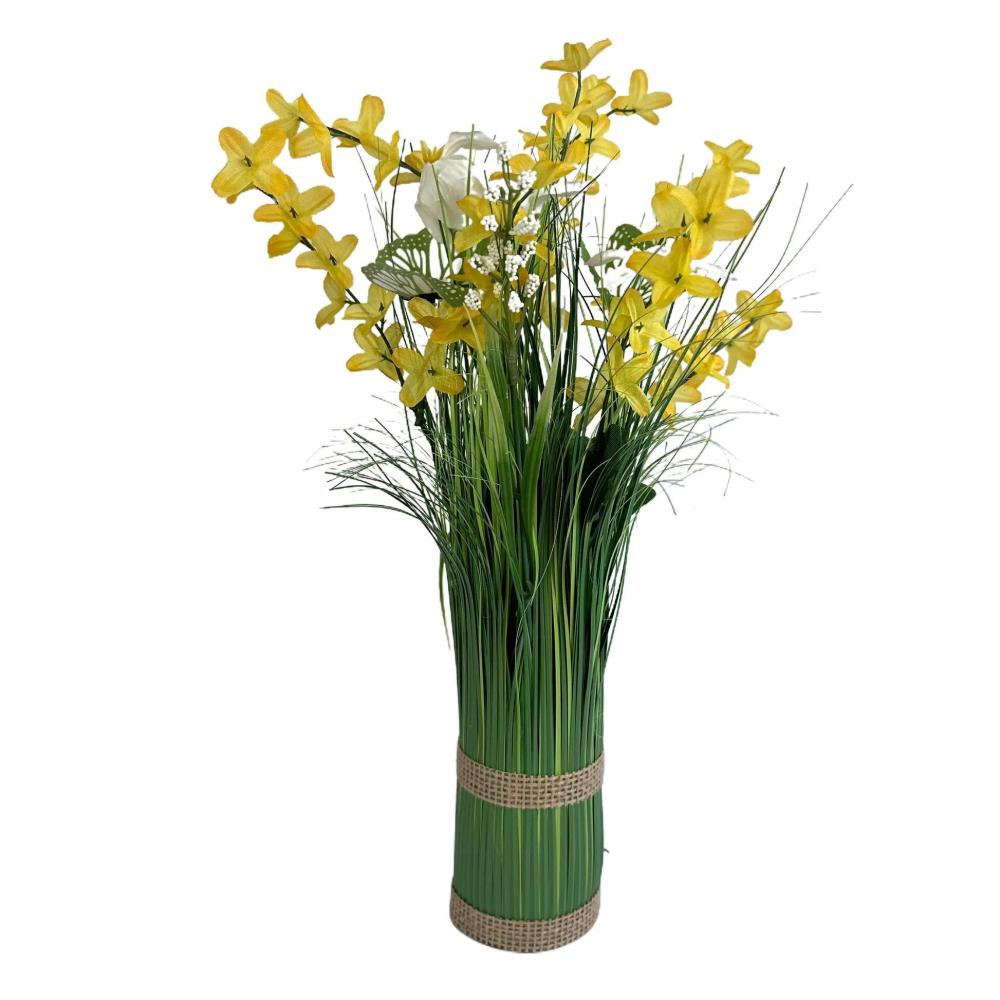 Arrangements | Artificial Grass, Yellow Forsythia and Wild Flower Arrangement with Butterflies Arrangements Arrangements