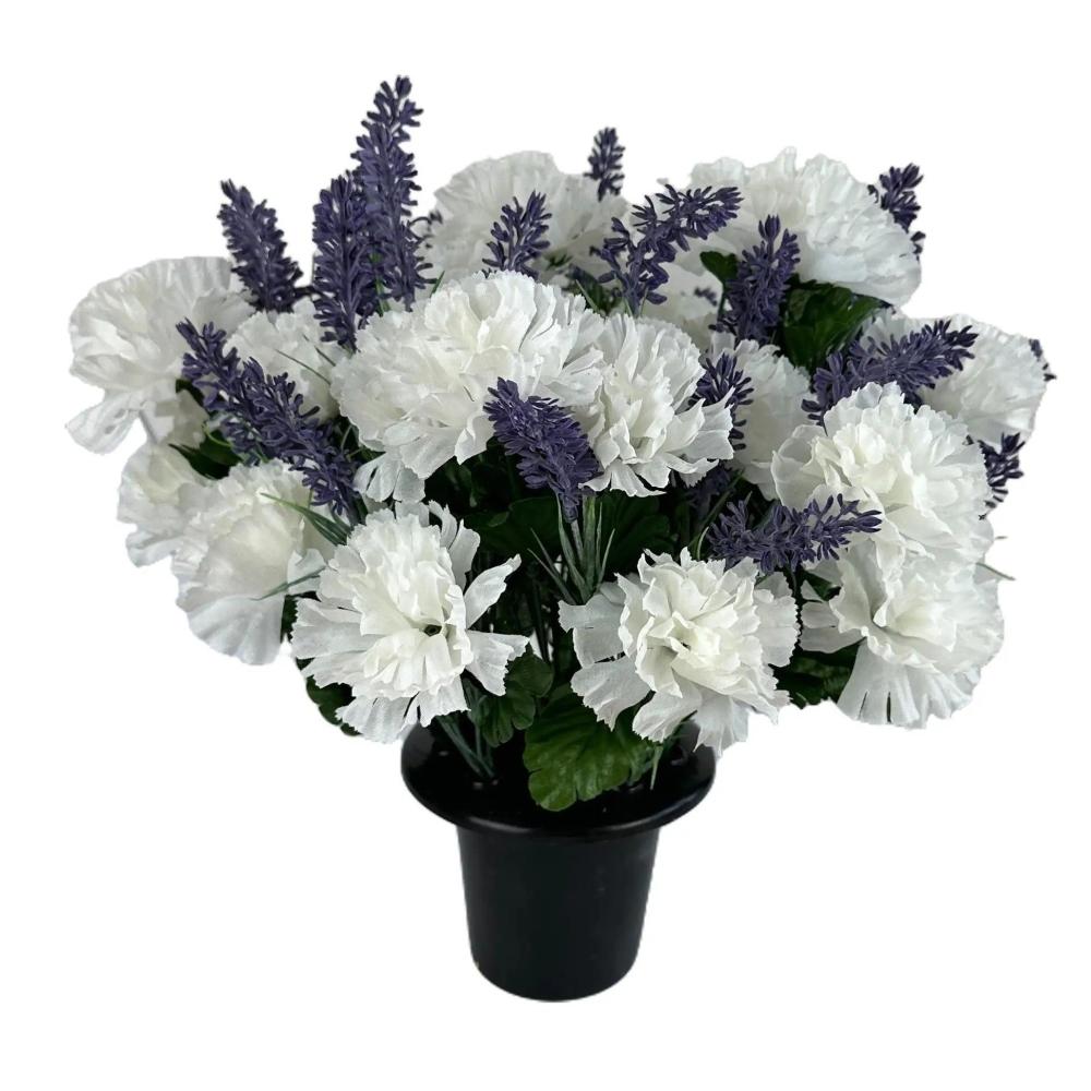 Arrangements | Artificial White Carnation and Lavender Grave Pot Flower Arrangement Arrangements Arrangements