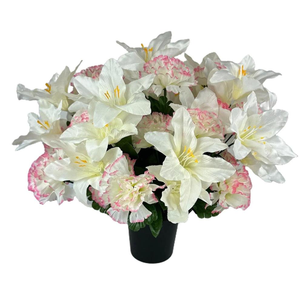 Arrangements | Artificial White Lily and Pink/White Carnation Grave Pot Flower Arrangement Arrangements Arrangements