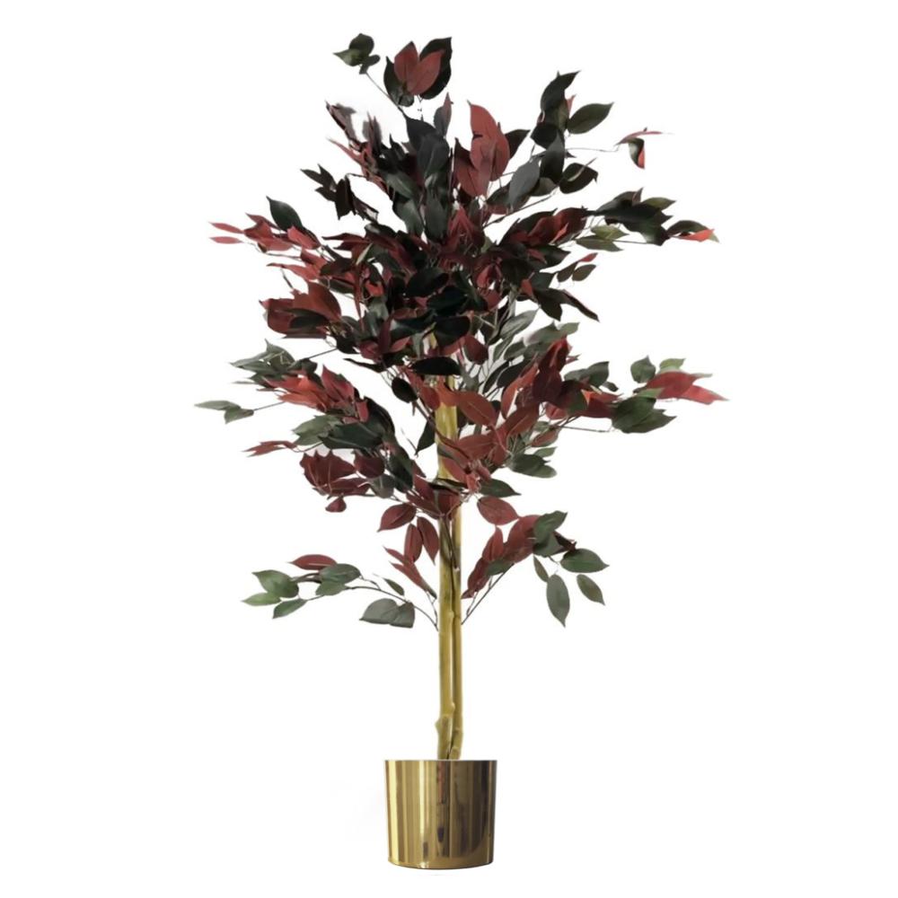 Ficus Trees | 120cm (4ft) Artificial Red Ficus Tree With Gold Metal Planter Artificial Trees Ficus Trees