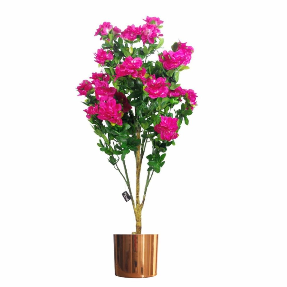 Flowering Trees | 100cm Premium Artificial Azalea Pink Flowers Potted Plant with Copper Metal Planter Flowering Flowering Trees