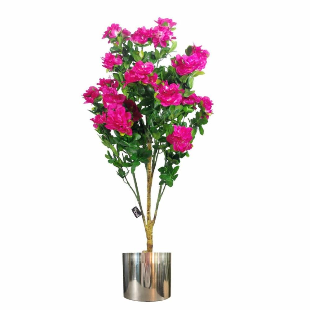 Flowering Trees | 100cm Premium Artificial Azalea Pink Flowers Potted Plant with Silver Metal Planter Flowering Flowering Trees