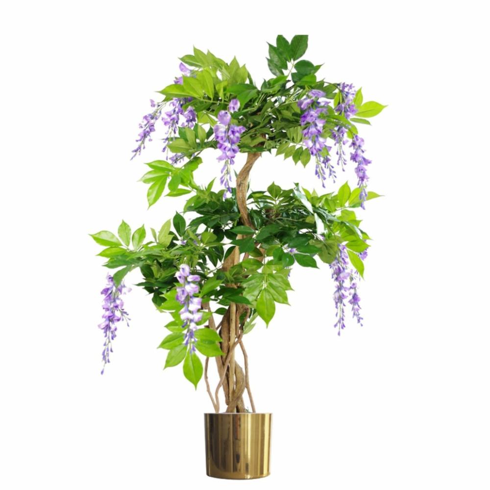 Flowering Trees | 110cm Artificial Purple Wisteria Tree with Gold Metal Planter Flowering Flowering Trees