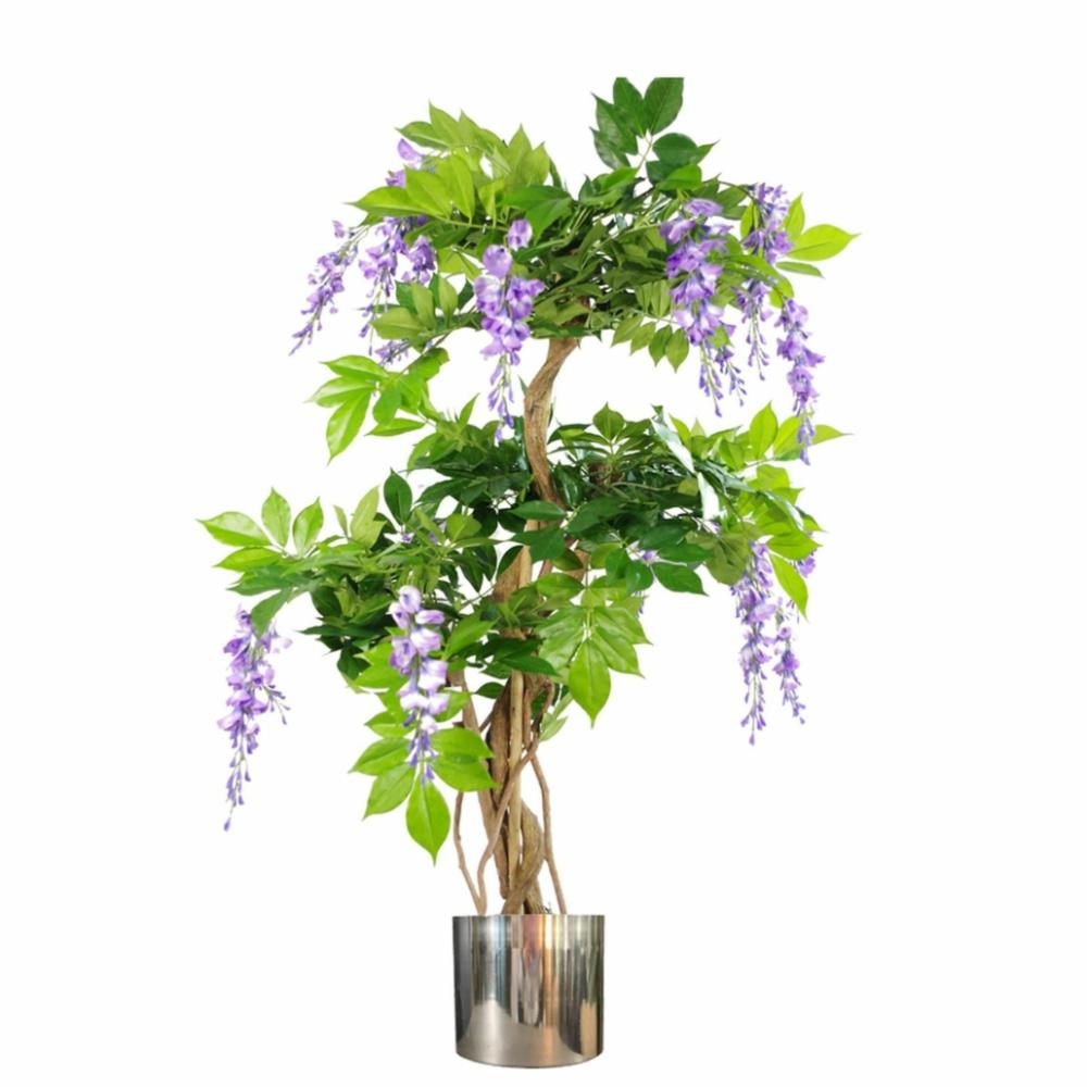 Flowering Trees | 110cm Artificial Purple Wisteria Tree with Silver Metal Planter Flowering Flowering Trees