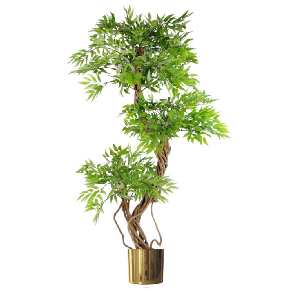 Japanese Trees | 140cm Realistic Artificial Japanese Fruticosa Tree Ficus Tree Gold Metal Brushed Brass Planter Artificial Trees Japanese Trees