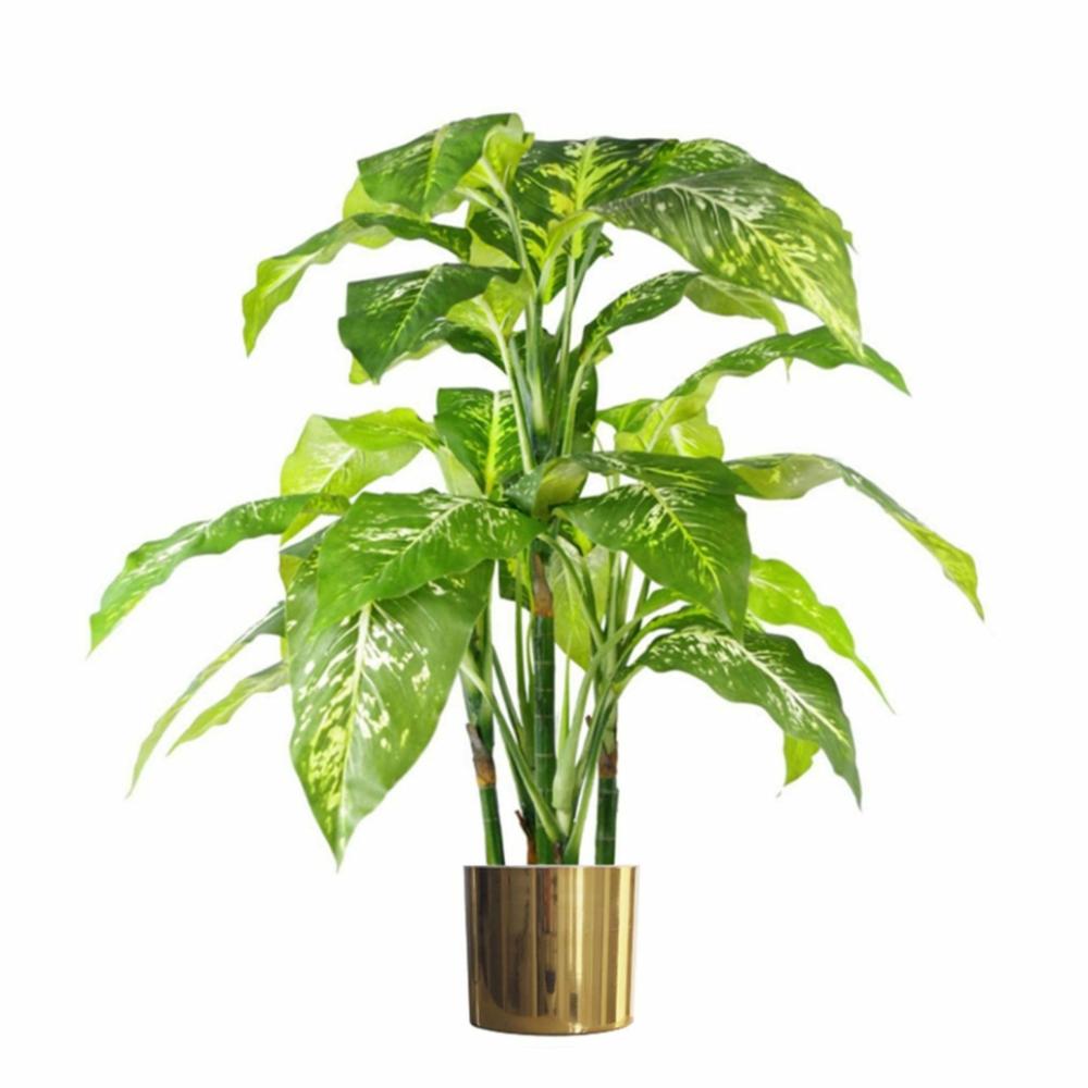 Large Leaved | 100cm Large Fox’s Aglaonema (Spotted Evergreen) Tree Artificial Plant with Gold Metal Planter Artificial Plants Large Leaved