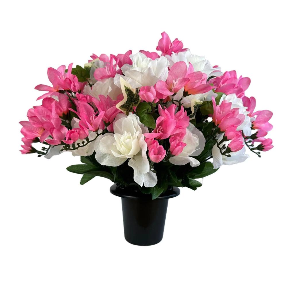 Memorial | Artificial Pink Freesia and White Rose Grave Pot Flower Arrangement Arrangements Arrangements