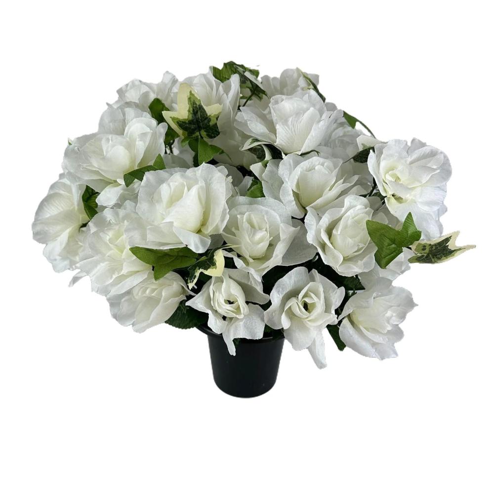 Memorial | Artificial White Rose Flower Grave Pot Arrangement Artificial Plants Memorial