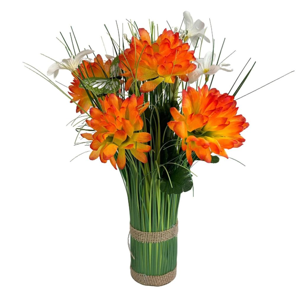 Orange Flowers | Artificial Grass, Orange Chrysanthemum and Wild Flower Arrangement with Butterflies Arrangements Arrangements