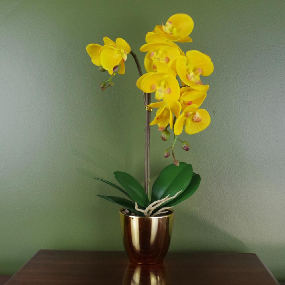 Orchids | 48cm Golden Orchid Artificial Yellow with Gold Pot Flowering Orchids