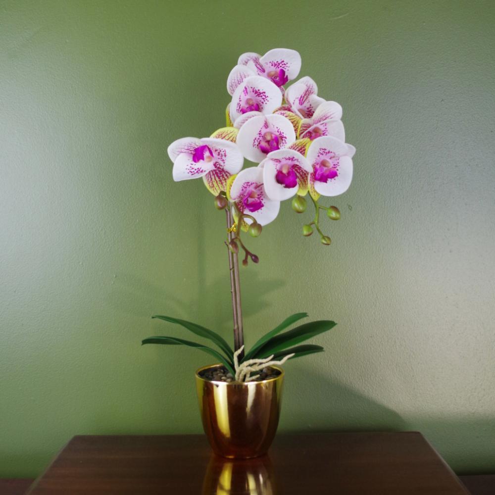 Orchids | 48cm Harlequin Orchid Artificial Pink with Gold Pot Flowering Orchids