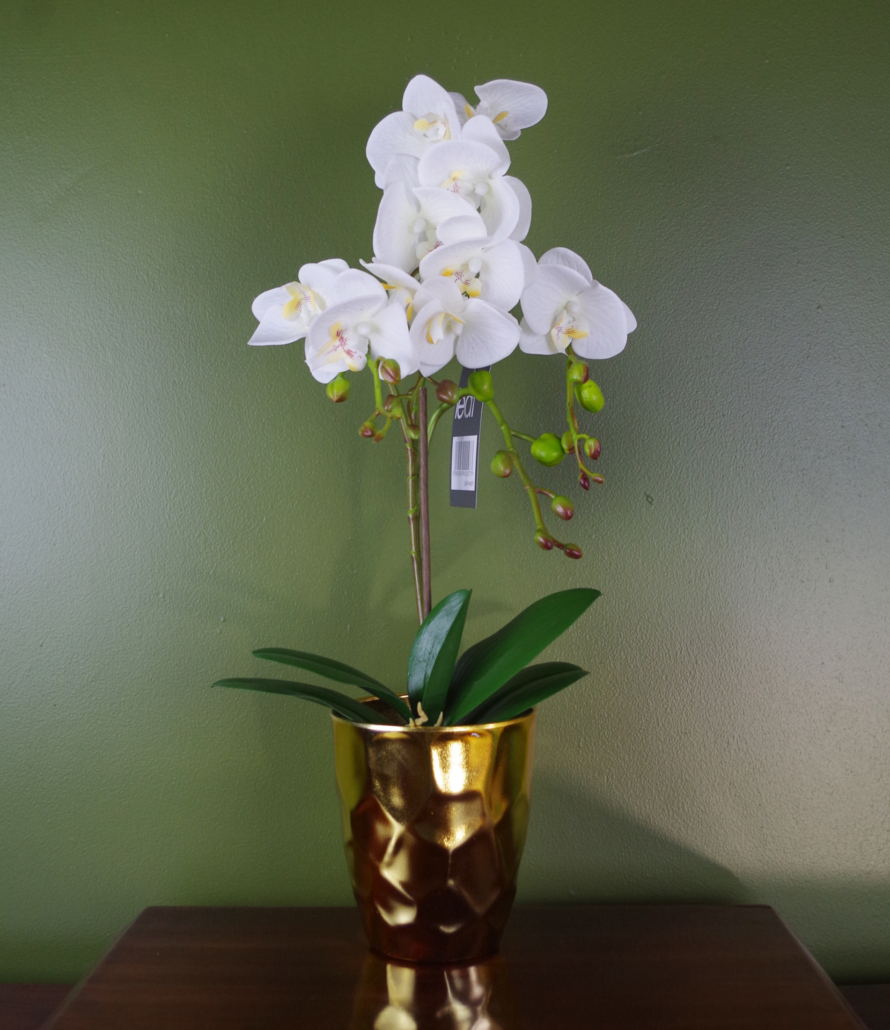 Orchids | 54cm Artificial Orchid Plant White with Gold Pot Flowering Orchids