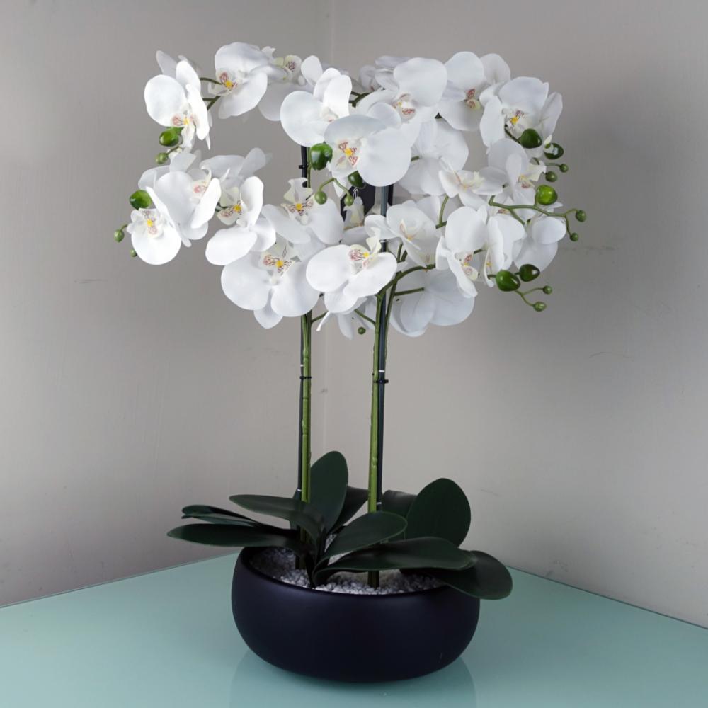 Orchids | 60cm Orchid Artificial White Black Ceramic Planter Flowering Orchids