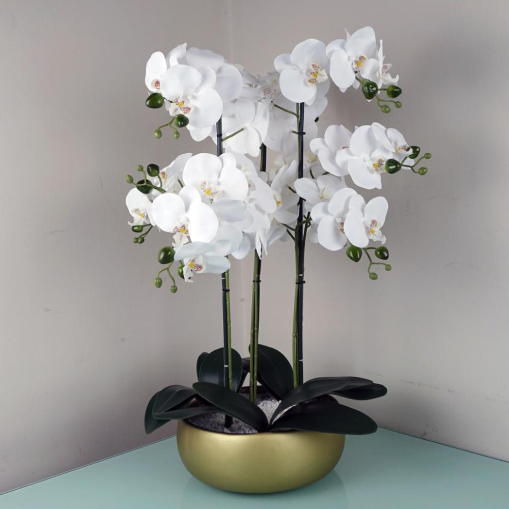 Orchids | 60cm Orchid Artificial White Gold Ceramic Planter Flowering Orchids