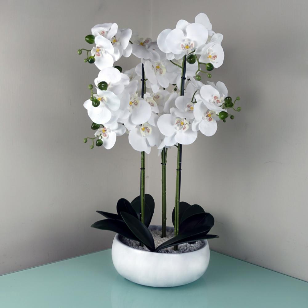 Orchids | 60cm Orchid Artificial White Marble Effect Ceramic Planter Flowering Orchids