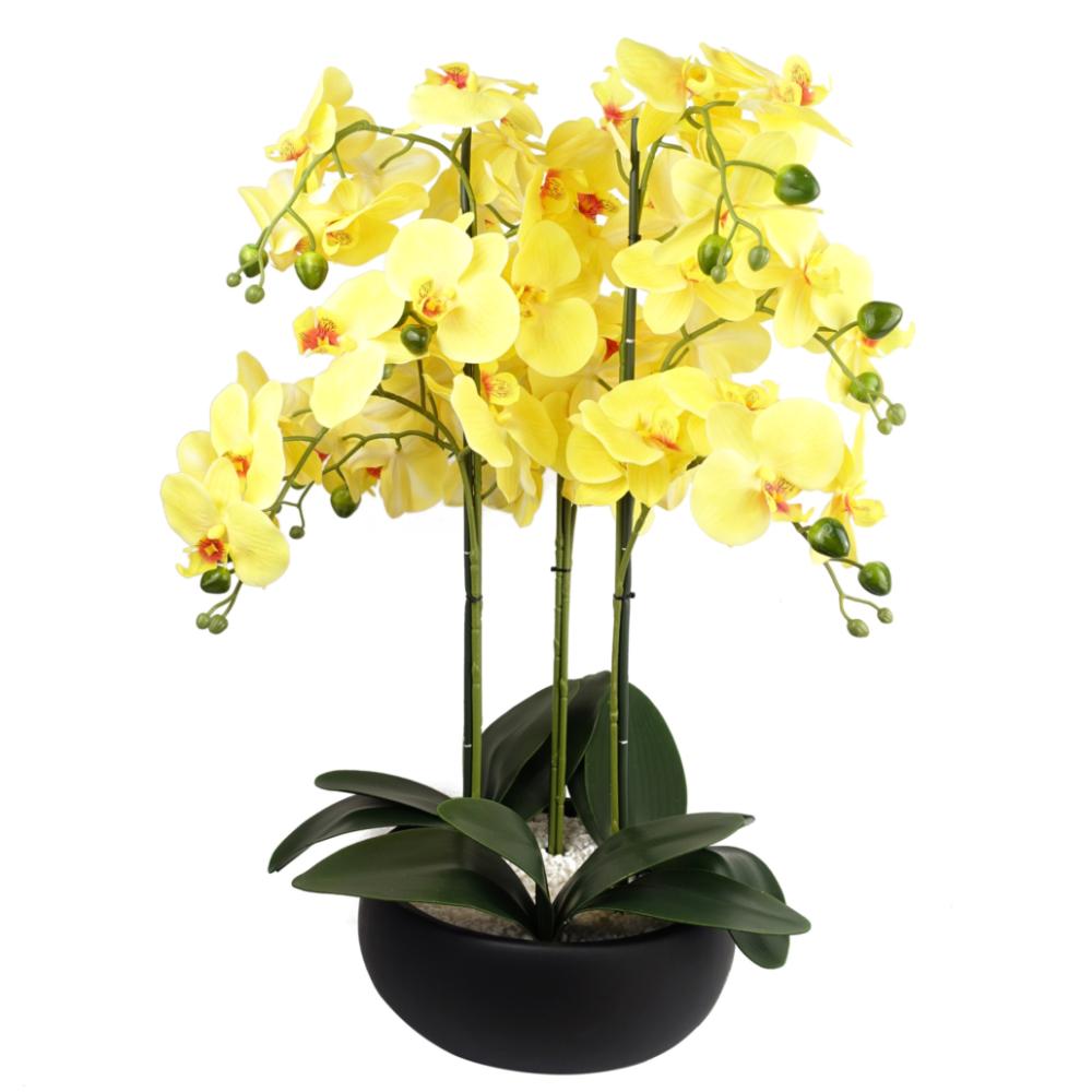 Orchids | 60cm Orchid Artificial Yellow Black Ceramic Planter Flowering Orchids