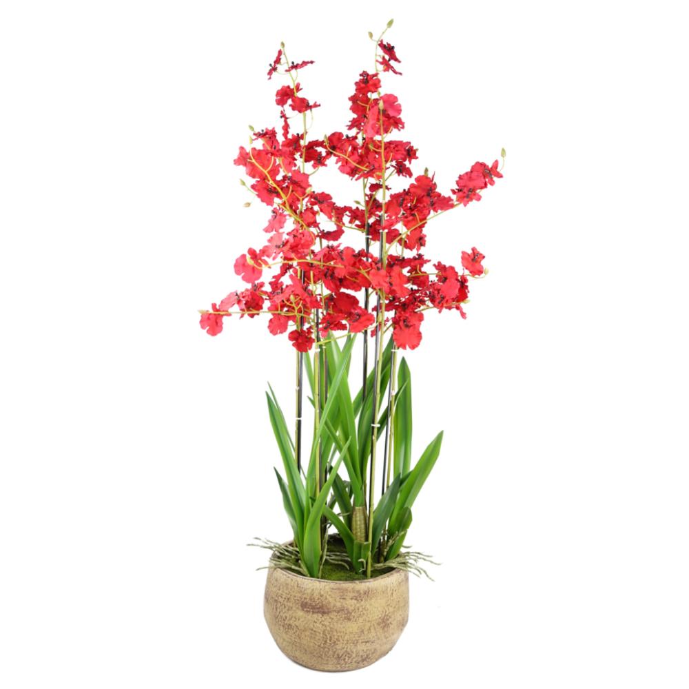 Orchids | 90cm Oncidium Artificial Orchid Red in Stoneware Planter Flowering Orchids