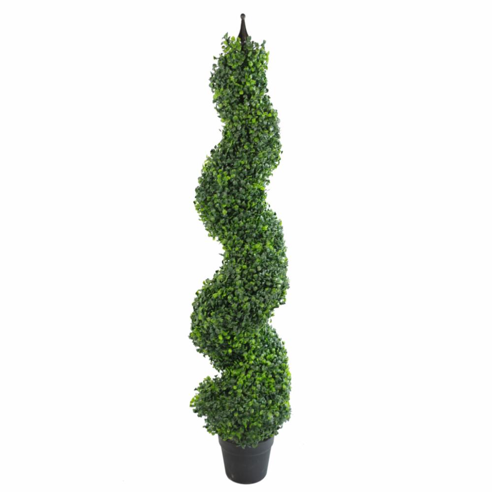 Outdoor UV Stable | 120cm (4ft) Tall Artificial Boxwood Tower Tree Topiary Spiral Metal Top Artificial Trees Outdoor UV Stable