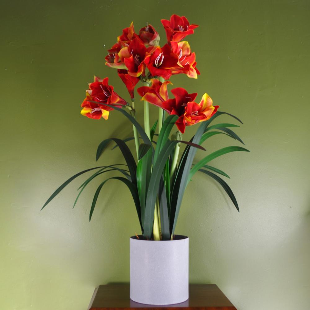 Potted Flower | Artificial Amarylis Flowering Plant Orange Flowering Potted Flower