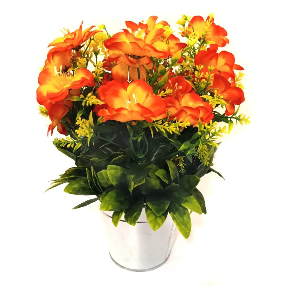 Potted Plants | 31cm Artificial Orange Cosmos Flowers in Metal Bucket Container Artificial Plants Orange Flowers