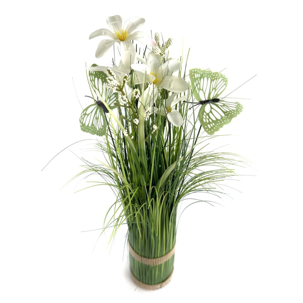 Potted Plants | Artificial Grass and White Flower Arrangement with Butterflies 35cm Arrangements Arrangements