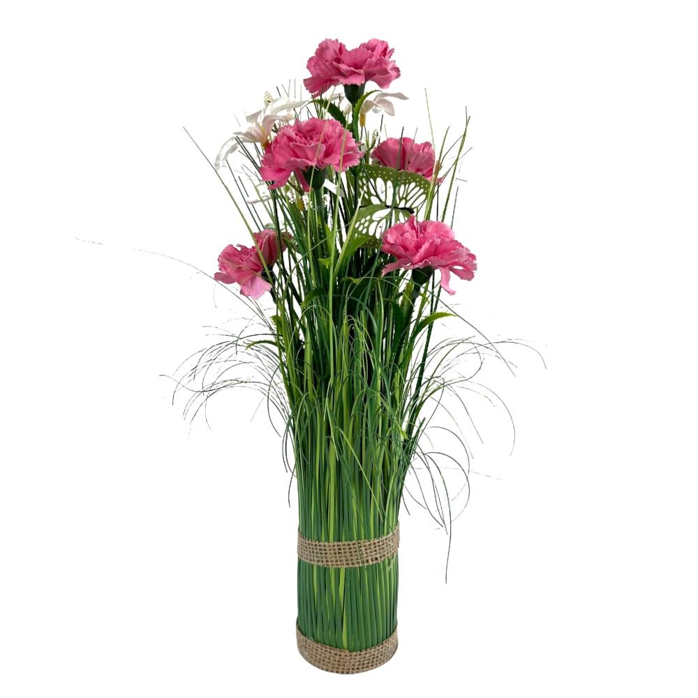 Potted Plants | Artificial Grass, Pink Carnation and Wild Flower Arrangement with Butterflies Arrangements Arrangements