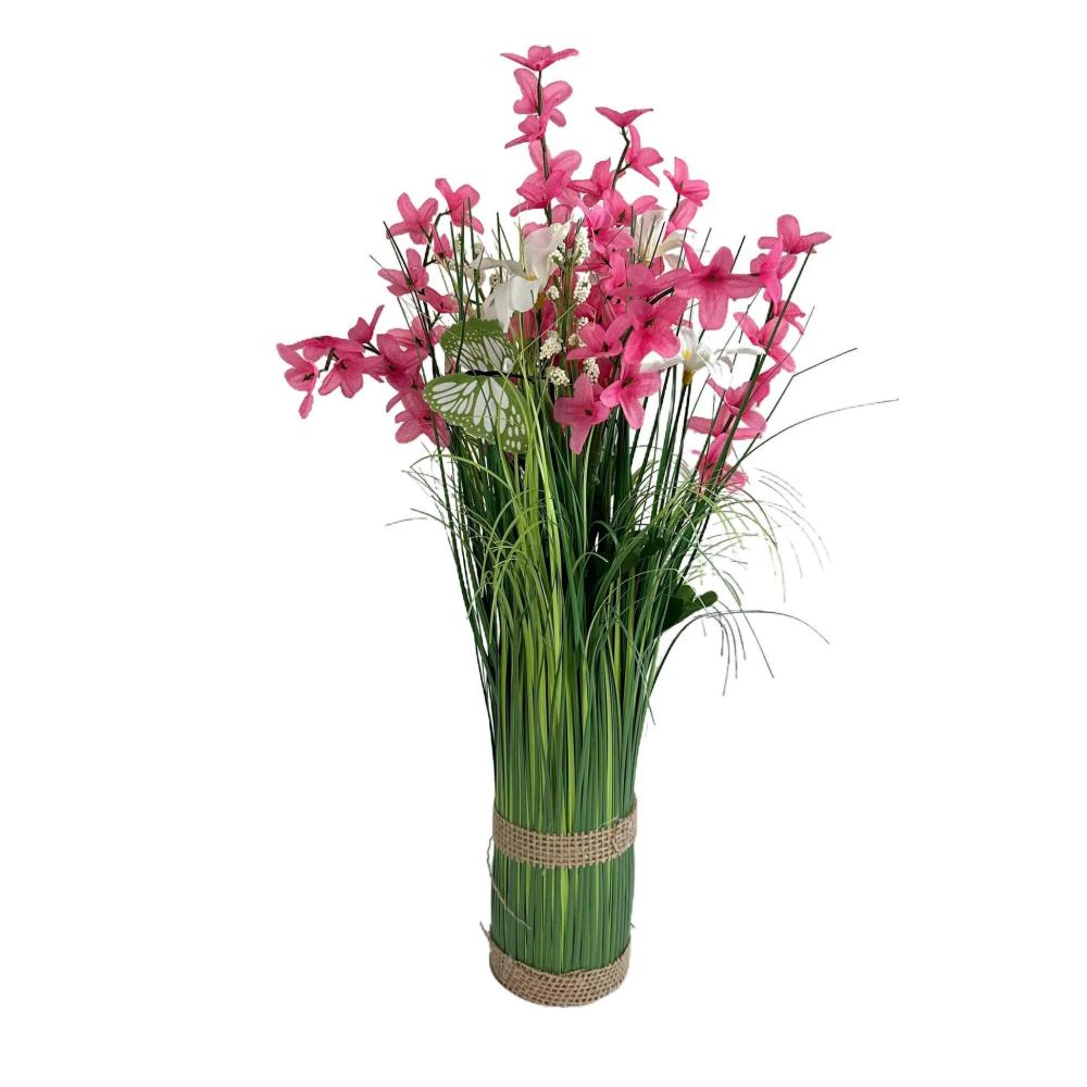 Potted Plants | Artificial Grass, Pink Forsythia and Wild Flower Arrangement with Butterflies Arrangements Arrangements