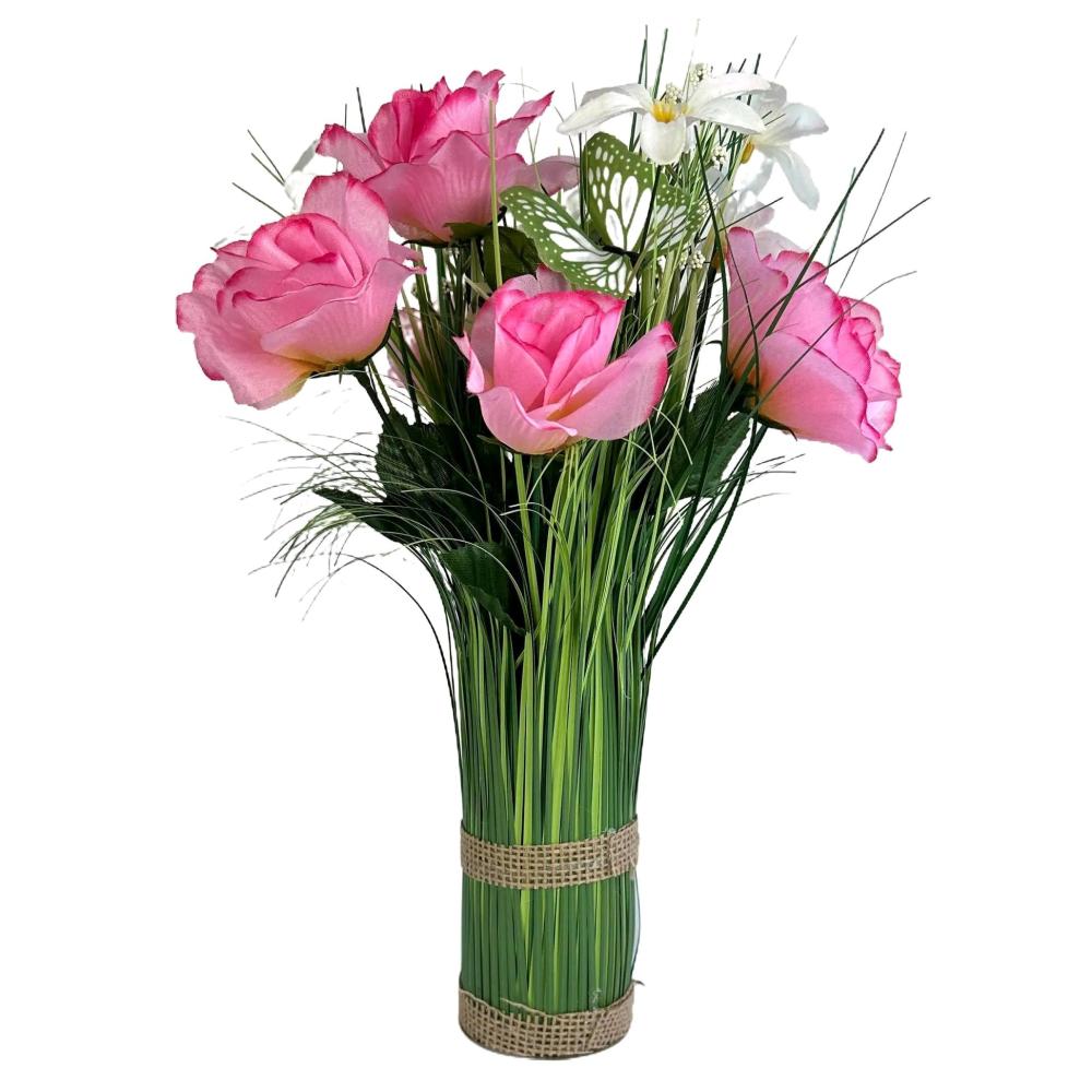 Potted Plants | Artificial Grass, Pink Rose and Wild Flower Arrangement with Butterflies Arrangements Arrangements