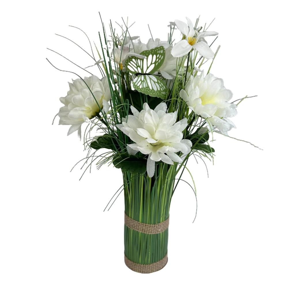 Potted Plants | Artificial Grass, White Chrysanthemum and Wild Flower Arrangement with Butterflies Arrangements Arrangements