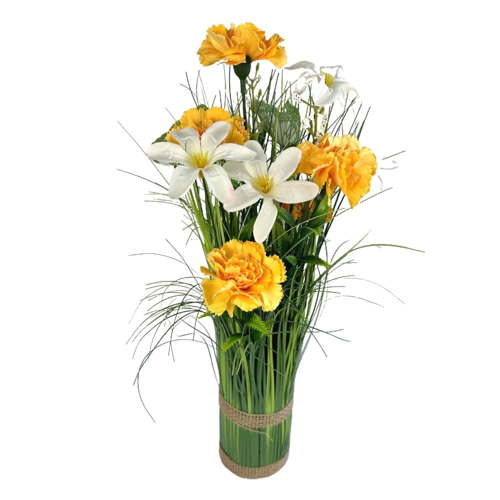 Potted Plants | Artificial Grass, Yellow Carnation and Wild Flower Arrangement with Butterflies Arrangements Arrangements