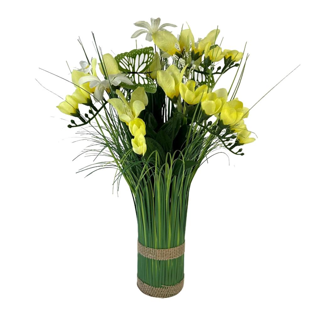 Potted Plants | Artificial Grass, Yellow Freesia and Wild Flower Arrangement with Butterflies Arrangements Arrangements