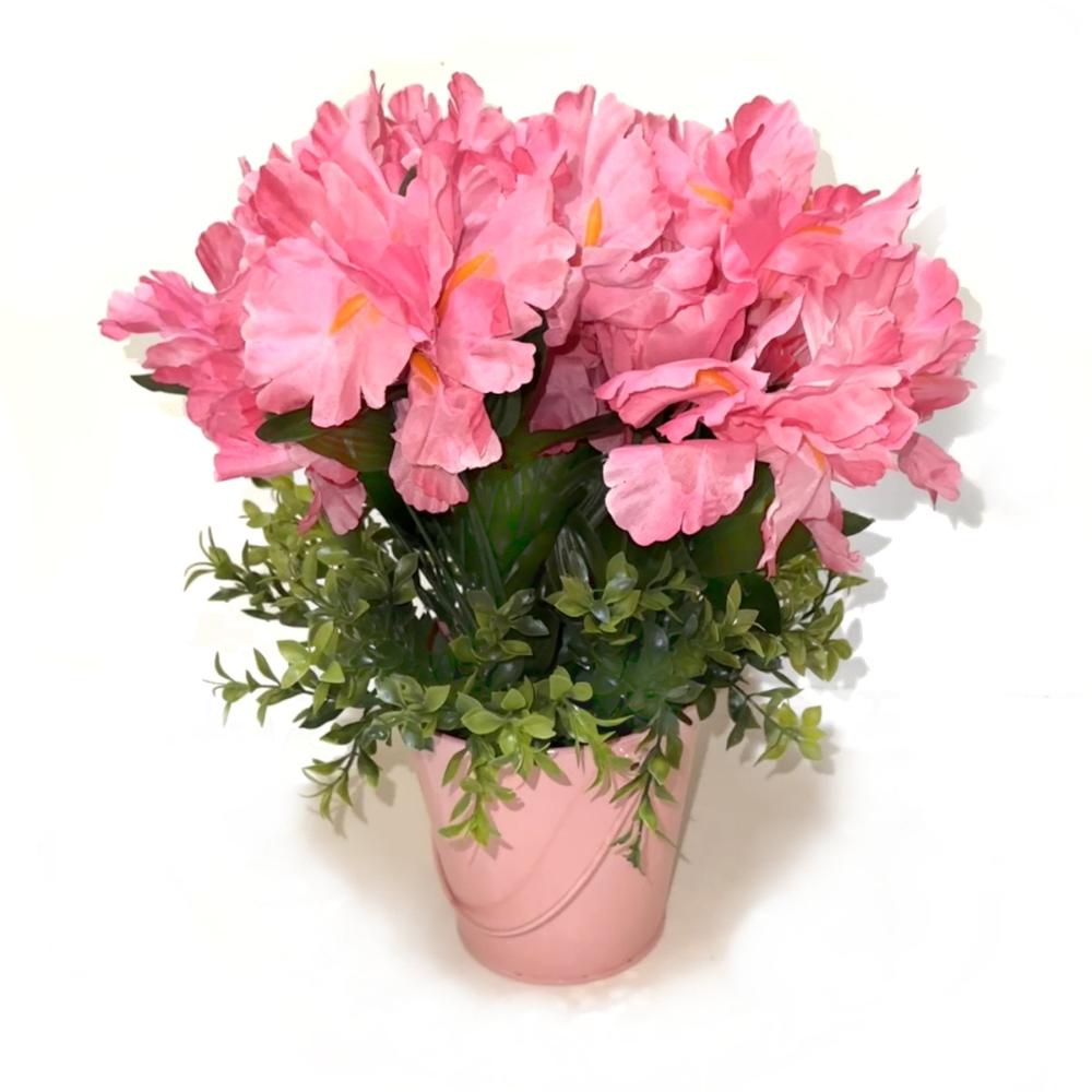 Potted Plants | Artificial Pink Iris Flowers and Foliage in Pink Bucket Pot Arrangements Arrangements