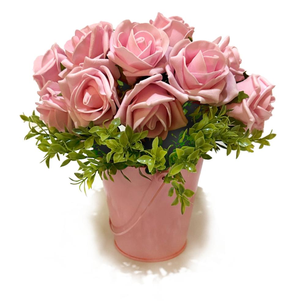 Potted Plants | Artificial Pink Roses and Foliage in Pink Bucket Pot Arrangements Arrangements