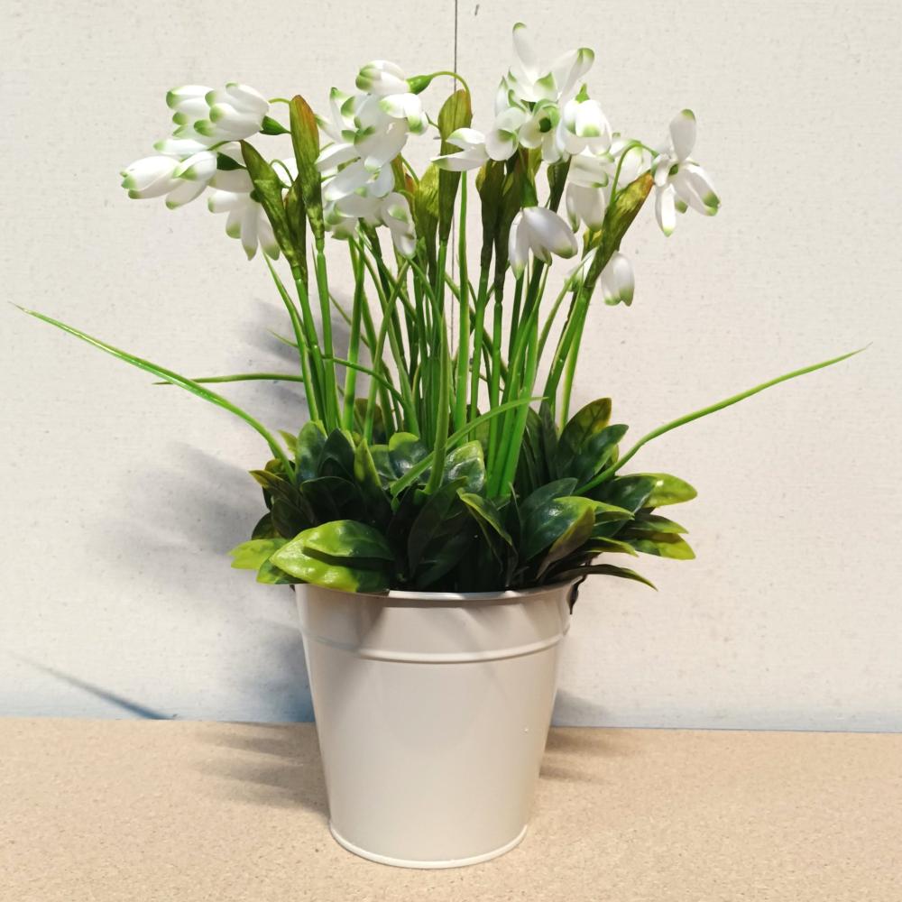 Spring Flowers | Artificial Snowdrop Flowers in a Cream Metal Bucket Container Artificial Plants Potted Plants