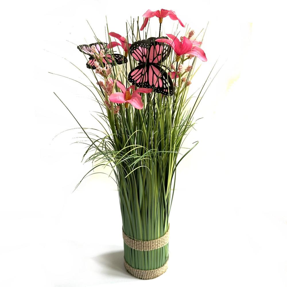 Summer Flowers | Artificial Grass and Pink Flower Arrangement with Butterflies 35cm Arrangements Arrangements