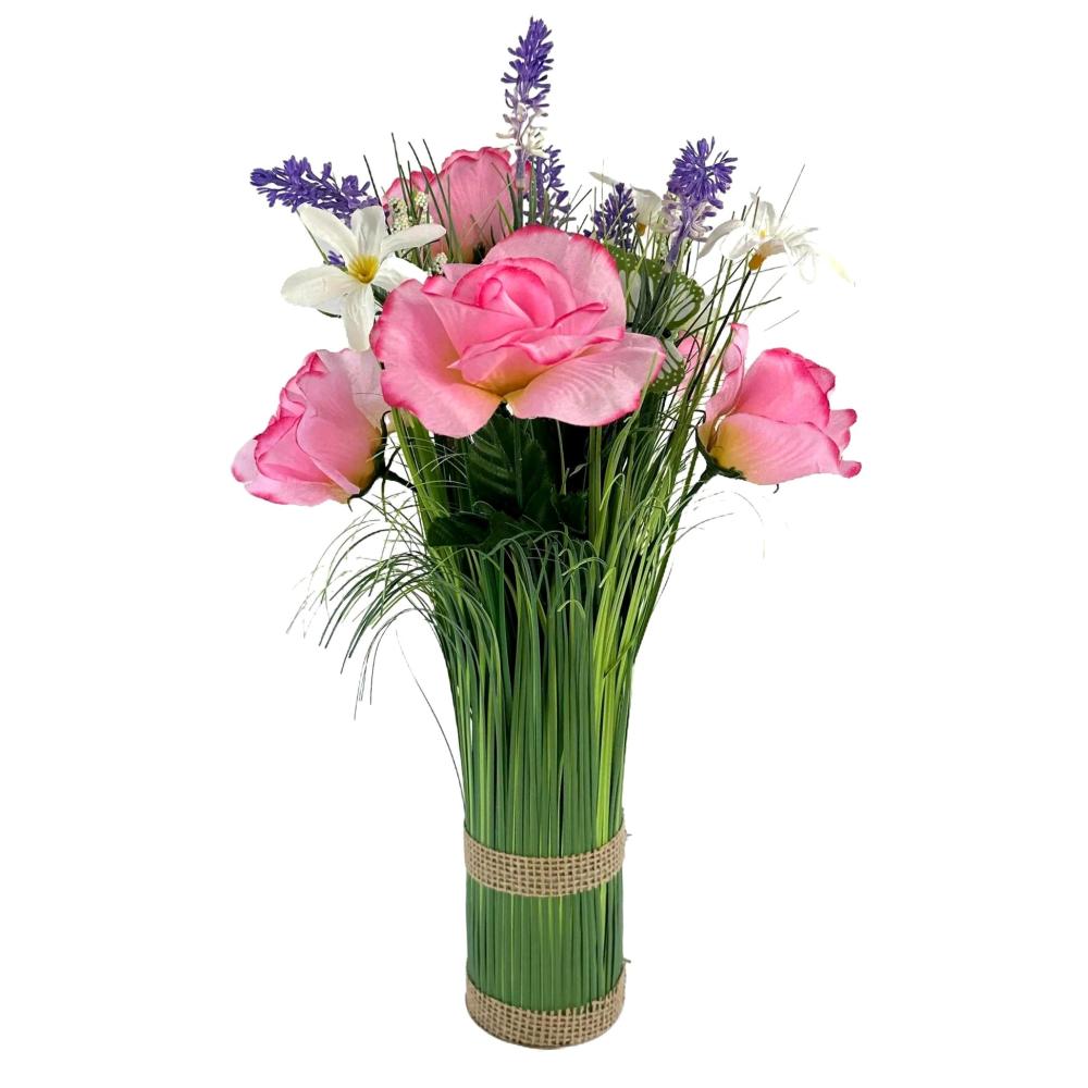 Summer Flowers | Artificial Grass, Pink Rose, Lavender and Wild Flower Arrangement with Butterflies Arrangements Arrangements