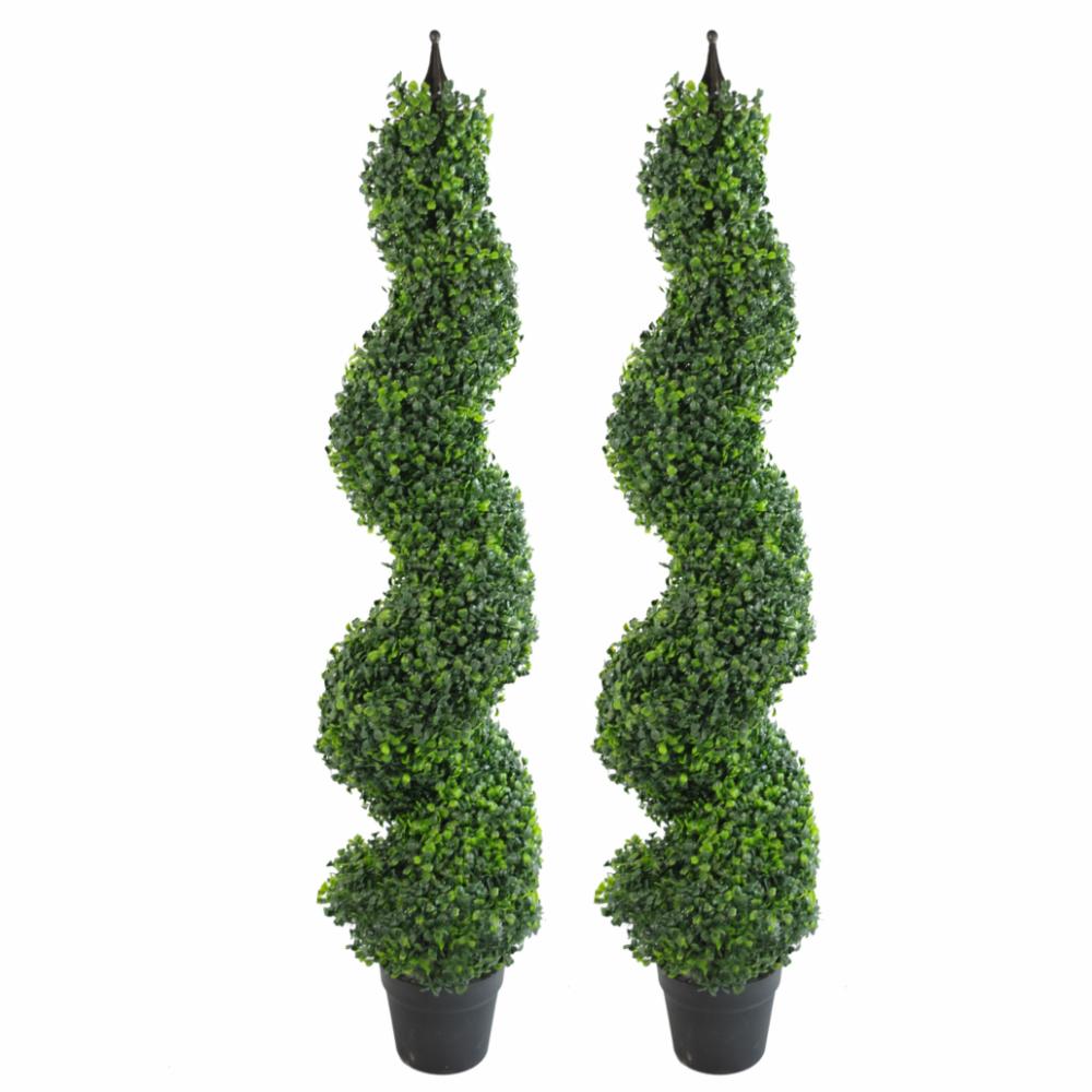 Topiary Trees | Pair of 120cm (4ft) Tall Artificial Boxwood Tower Trees Topiary Spiral Metal Top Artificial Trees Topiary Trees