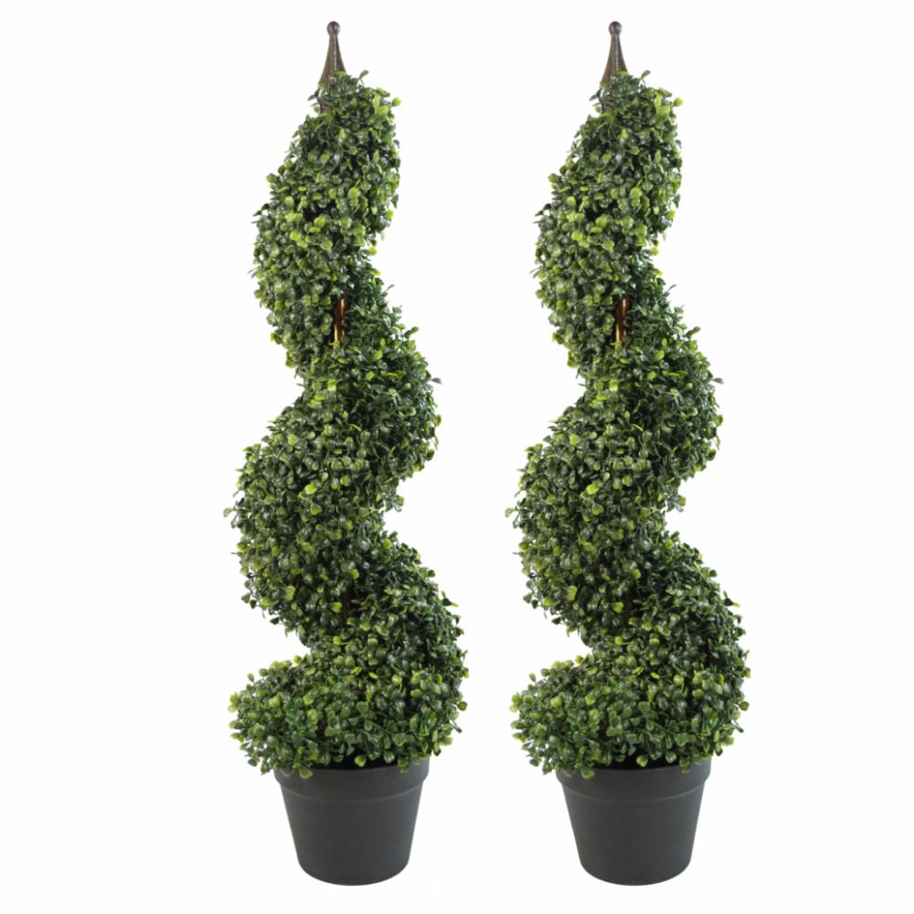 Topiary Trees | Pair of 90cm (3ft) Tall Artificial Boxwood Tower Trees Topiary Spiral Metal Top Artificial Trees Topiary Trees