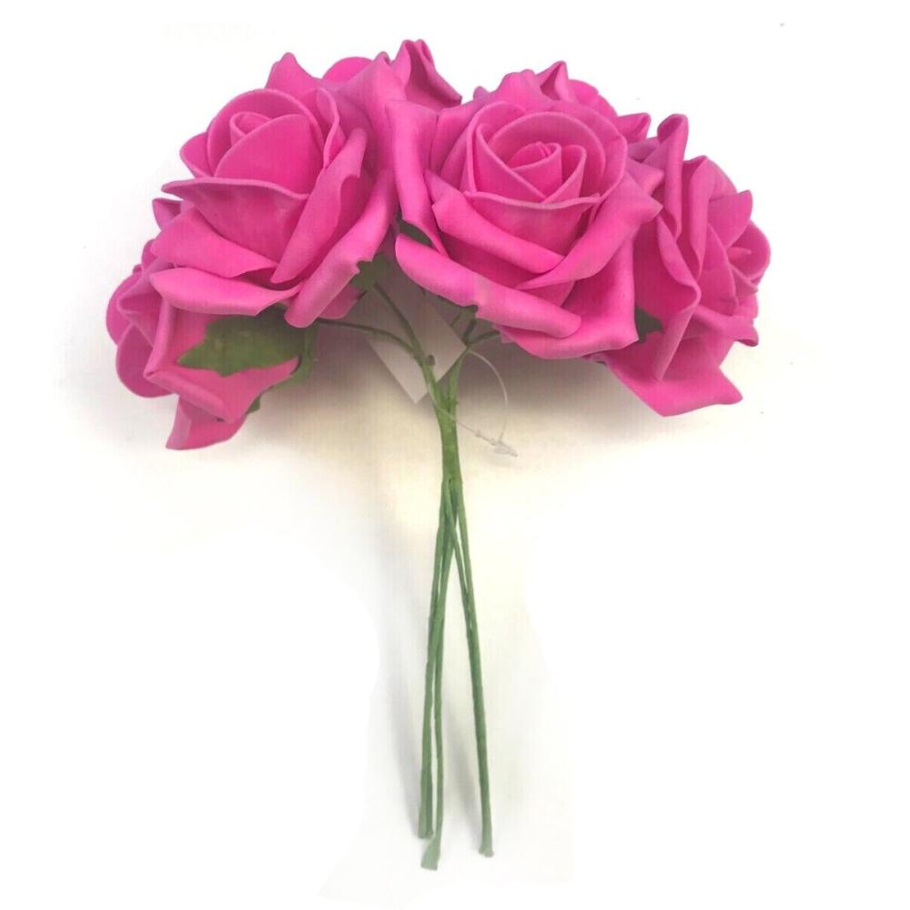 Wedding Flowers and Decorations | Bundle of 6 Artificial Fuchsia Pink Roses 24cm tall – Foam Colourfast Flowering Plants & Trees Wedding Flowers & Decorations