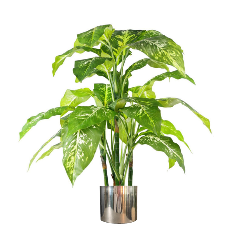 Large Leaved | 100cm Large Fox’s Aglaonema (Spotted Evergreen) Tree Artificial Plant with Silver Metal Planter Artificial Plants Large Leaved