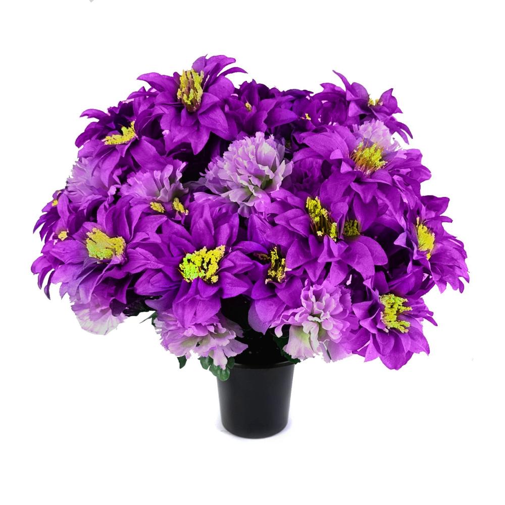 Memorial | Artificial Purple Zinnia and Carnation Grave Pot Flower Arrangement Arrangements Arrangements