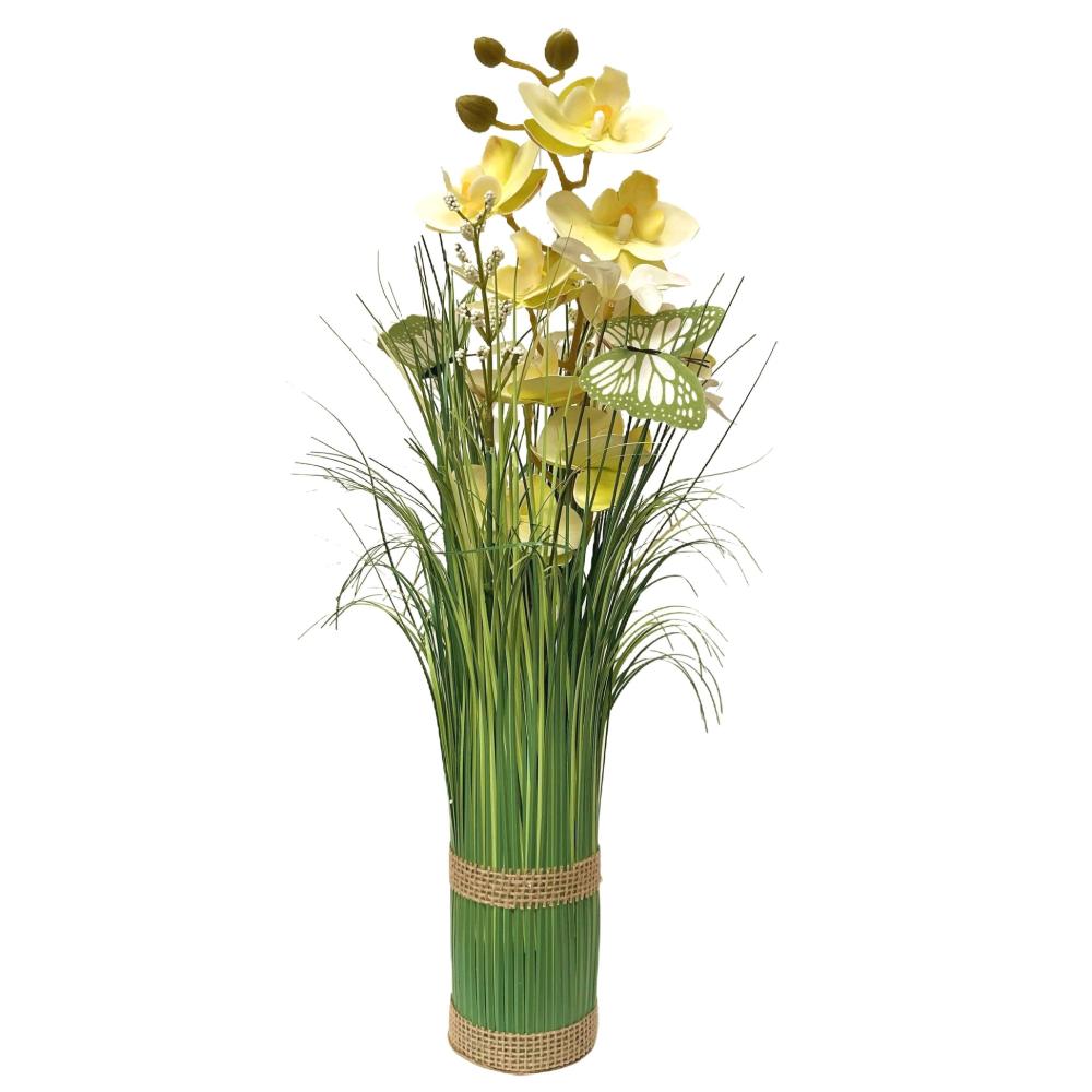 Potted Plants | Artificial Grass, Cream Orchid and White Flower Arrangement with Butterflies Arrangements Arrangements